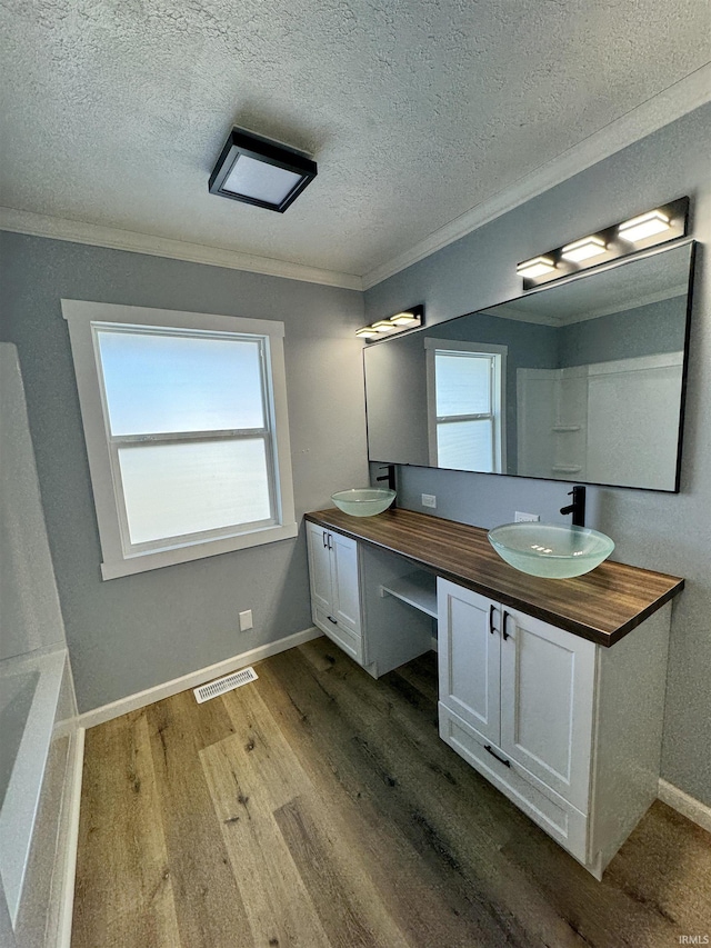 bathroom with wood-type flooring, ornamental molding, vanity, and a textured ceiling