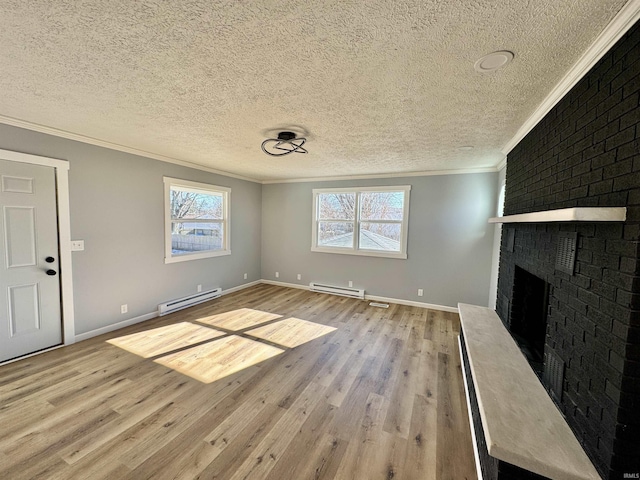 unfurnished living room with crown molding, a baseboard radiator, light hardwood / wood-style floors, and a brick fireplace