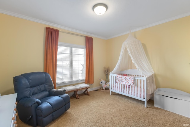 carpeted bedroom with crown molding