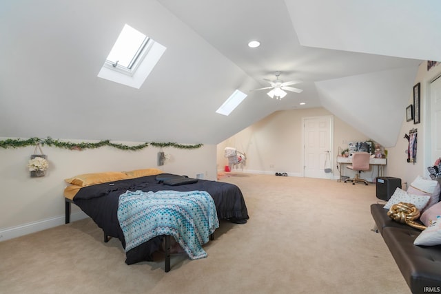 carpeted bedroom featuring vaulted ceiling and ceiling fan