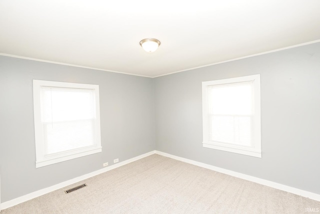 carpeted spare room featuring ornamental molding and a healthy amount of sunlight