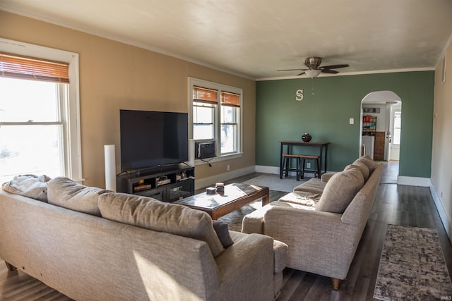 living room with crown molding, dark hardwood / wood-style floors, and a healthy amount of sunlight