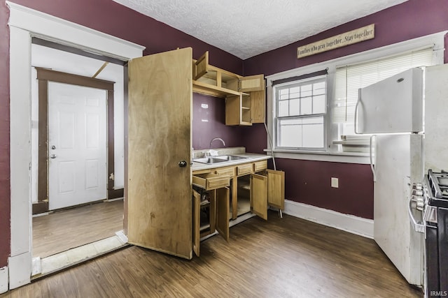 kitchen featuring stainless steel gas stove, sink, dark hardwood / wood-style floors, and a textured ceiling