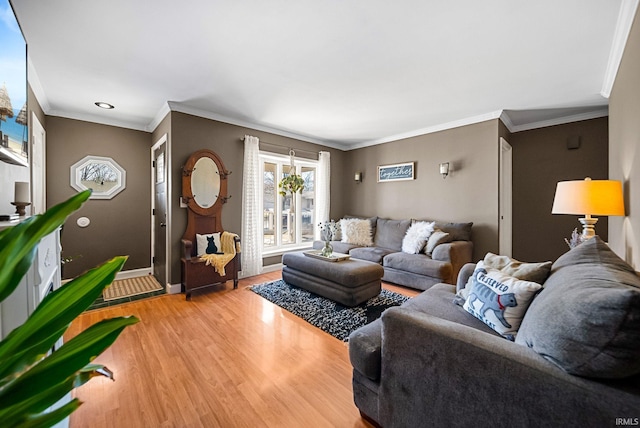 living room with crown molding and hardwood / wood-style floors