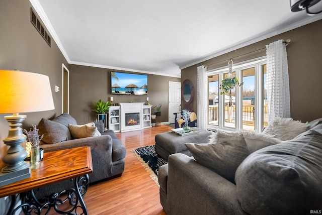 living room featuring hardwood / wood-style flooring and ornamental molding