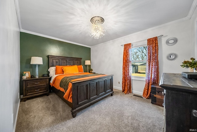 bedroom with crown molding, light colored carpet, and an inviting chandelier