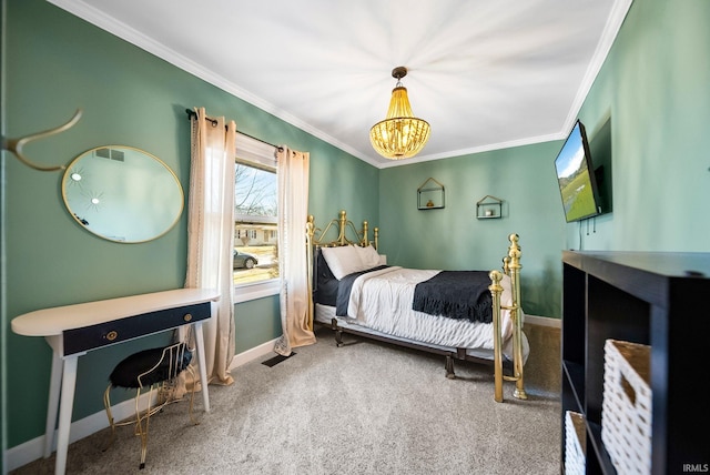 bedroom featuring crown molding, carpet floors, and a chandelier