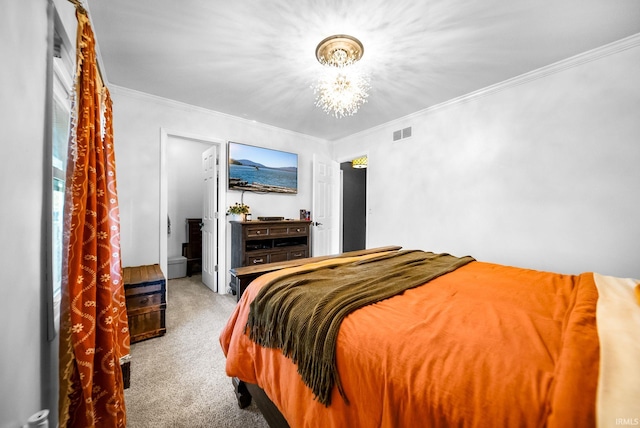 bedroom with ornamental molding, light carpet, and an inviting chandelier