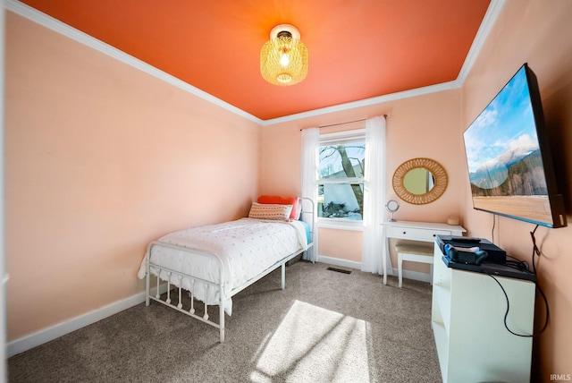 bedroom featuring carpet floors and ornamental molding