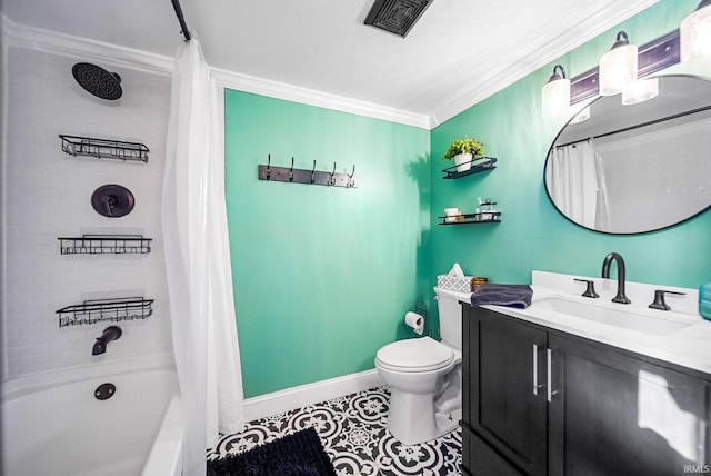 full bathroom featuring shower / bathtub combination with curtain, crown molding, vanity, tile patterned floors, and toilet