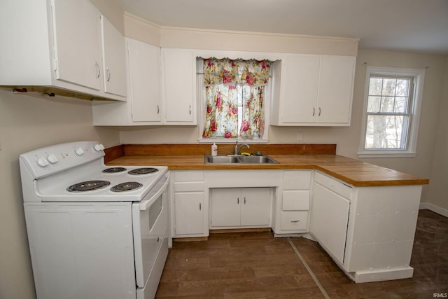 kitchen with sink, white cabinetry, dark hardwood / wood-style floors, kitchen peninsula, and white range with electric cooktop