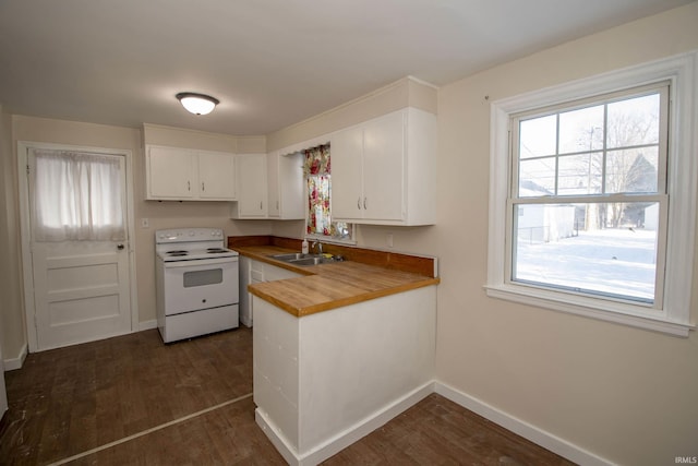 kitchen with white electric stove, white cabinetry, sink, wooden counters, and dark wood-type flooring