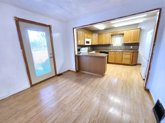 kitchen featuring sink, white appliances, light hardwood / wood-style floors, decorative backsplash, and kitchen peninsula