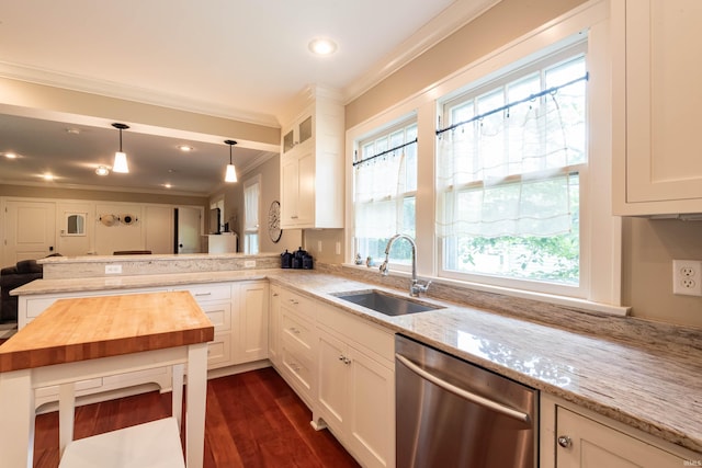 kitchen with decorative light fixtures, sink, stainless steel dishwasher, kitchen peninsula, and light stone countertops