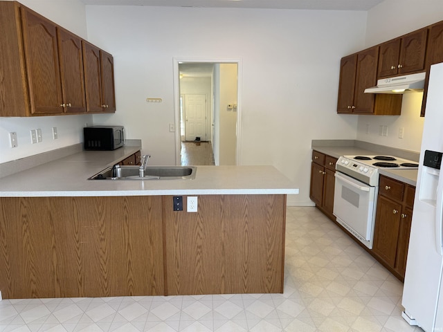 kitchen featuring sink, white appliances, and kitchen peninsula