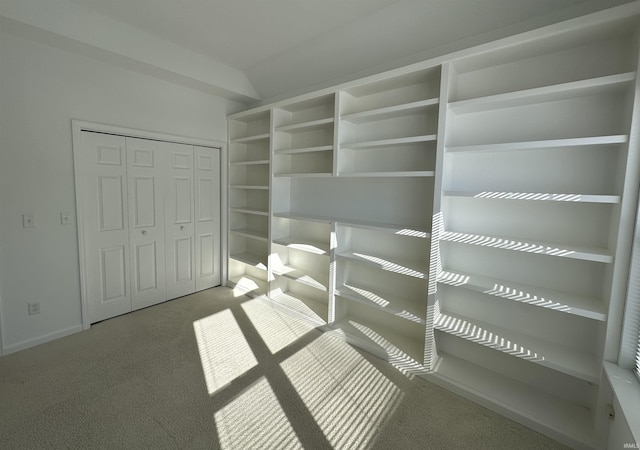 spacious closet with lofted ceiling and carpet floors