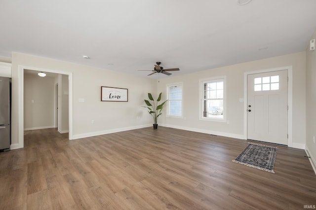 foyer with hardwood / wood-style flooring and ceiling fan