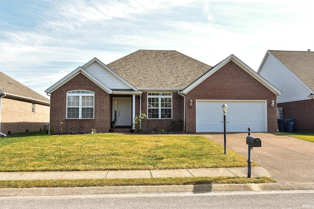 ranch-style house with a garage and a front yard