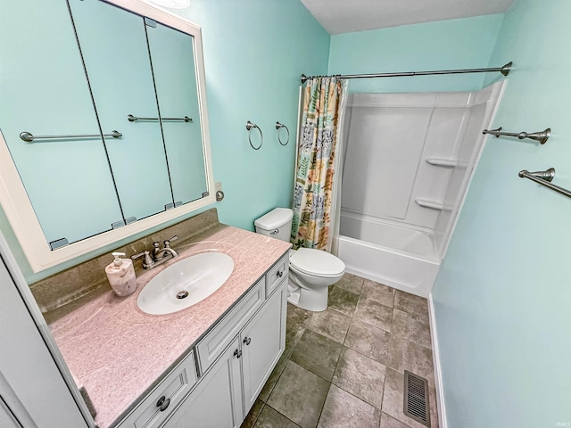 full bathroom with vanity, toilet, and shower / bath combo with shower curtain