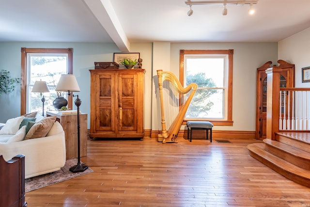 living area featuring beam ceiling and light hardwood / wood-style floors