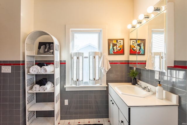 bathroom with tile walls and vanity