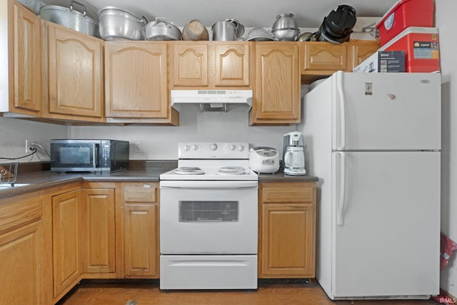 kitchen featuring dark wood-type flooring and white appliances