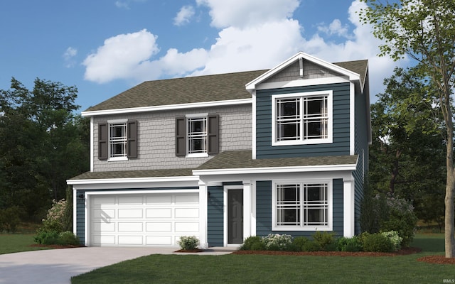 view of front facade with a garage and a front lawn