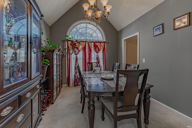 dining area with an inviting chandelier, light colored carpet, and lofted ceiling