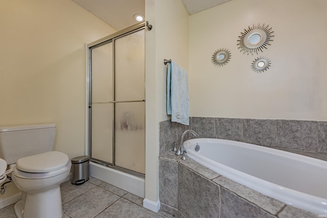 bathroom with tile patterned flooring, independent shower and bath, and toilet