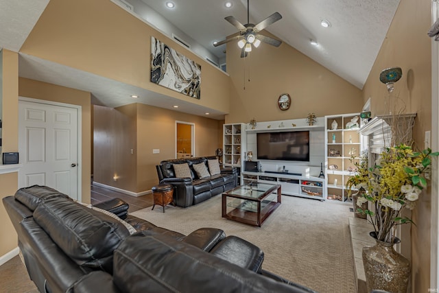 living room featuring high vaulted ceiling and ceiling fan