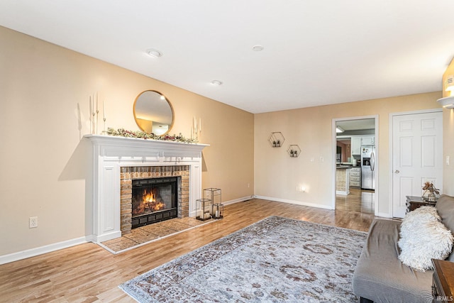 living room featuring wood-type flooring and a fireplace