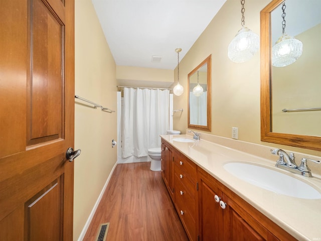 bathroom featuring hardwood / wood-style flooring, vanity, and toilet