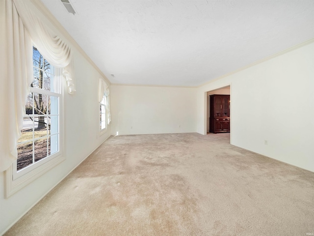 carpeted spare room with ornamental molding