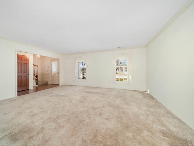 spare room featuring ornamental molding and light colored carpet