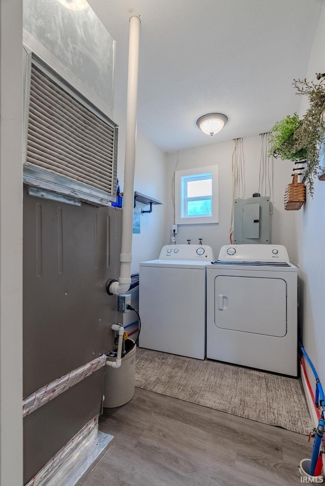 washroom featuring electric panel, washer and clothes dryer, and light hardwood / wood-style flooring