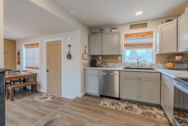 kitchen with stove, sink, stainless steel dishwasher, and light hardwood / wood-style flooring