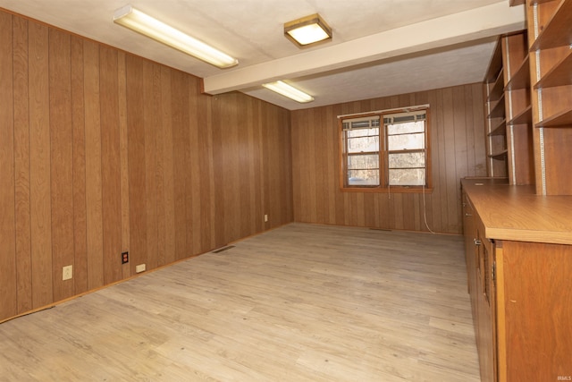 unfurnished room with wood walls, beamed ceiling, and light wood-type flooring