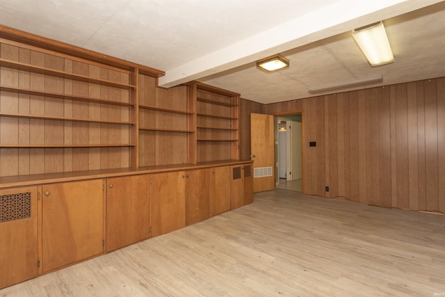 unfurnished living room featuring light hardwood / wood-style flooring, beamed ceiling, and wood walls