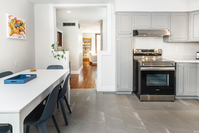 kitchen with gray cabinets and stainless steel range with electric cooktop