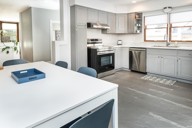 kitchen featuring stainless steel appliances, sink, and gray cabinetry