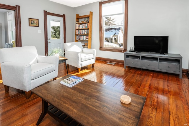 living room featuring dark wood-type flooring