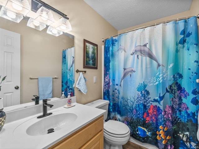 bathroom featuring vanity, a textured ceiling, toilet, and a shower with shower curtain