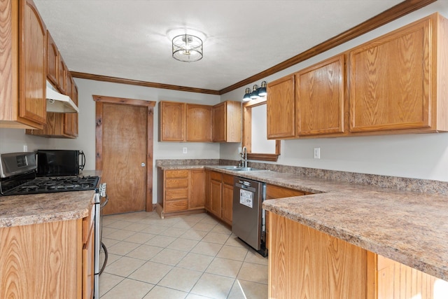 kitchen featuring light tile patterned flooring, appliances with stainless steel finishes, crown molding, and sink