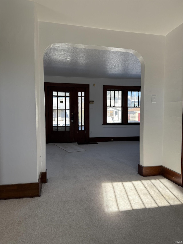 interior space with carpet floors, a textured ceiling, and plenty of natural light