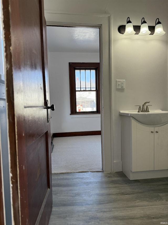 bathroom with vanity and wood-type flooring