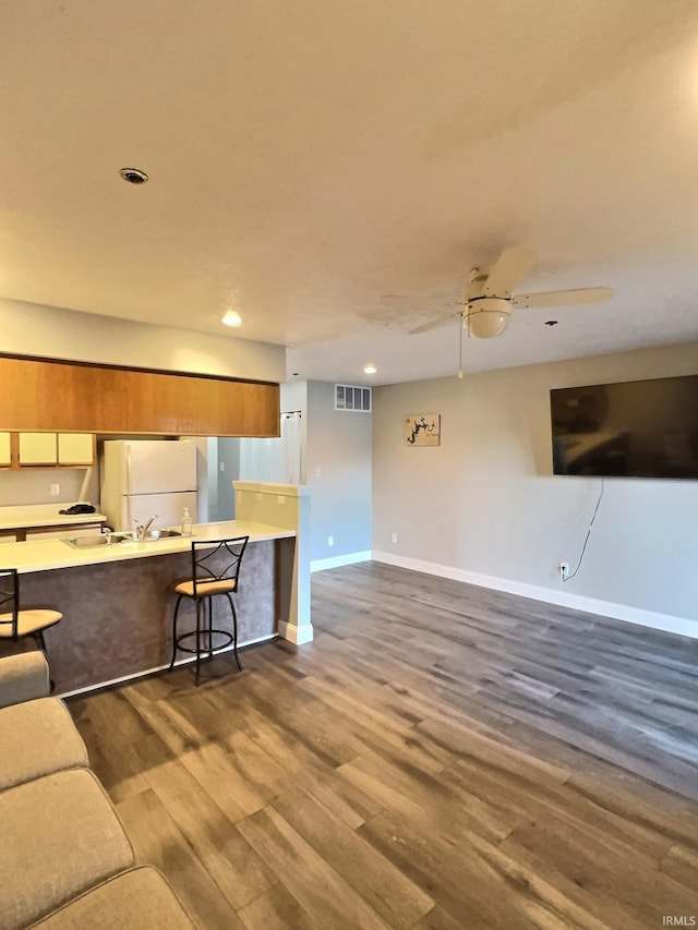 living room featuring ceiling fan and dark hardwood / wood-style flooring