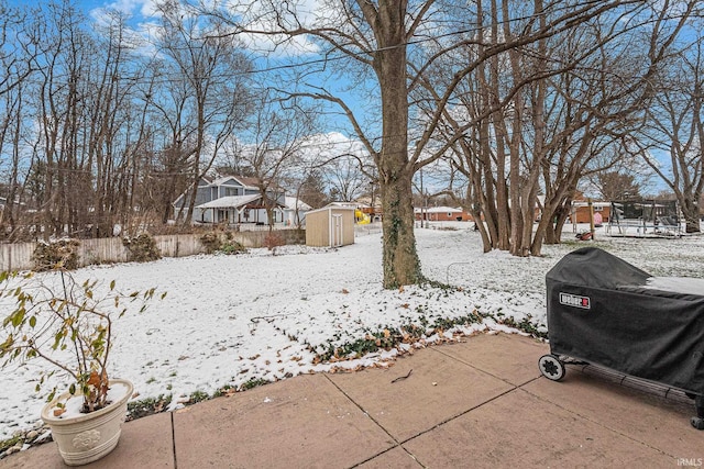 yard layered in snow with a storage shed