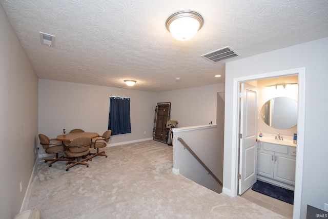 interior space featuring sink, light colored carpet, and a textured ceiling