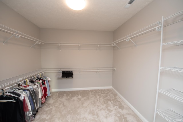 walk in closet with light carpet