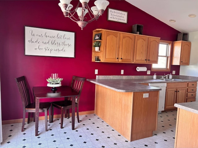 kitchen with lofted ceiling, sink, a chandelier, stainless steel dishwasher, and kitchen peninsula